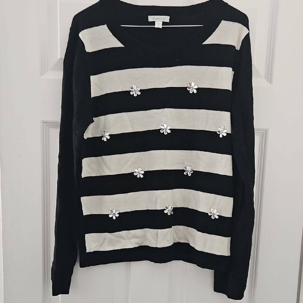 Garnet Hill Black and Cream Striped Crewneck Sweater with Floral Embellishments
